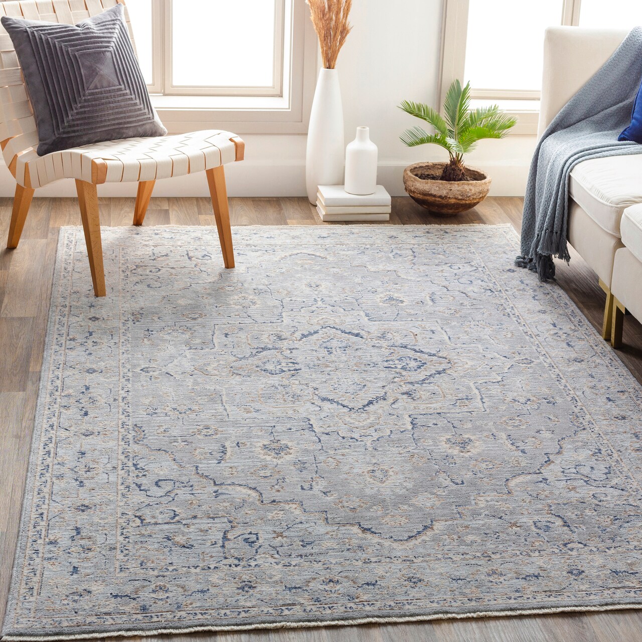Tiwari Home 5' x 8'2" Persian Medallion Design Gray and White Rectangular Machine Woven Area Rug